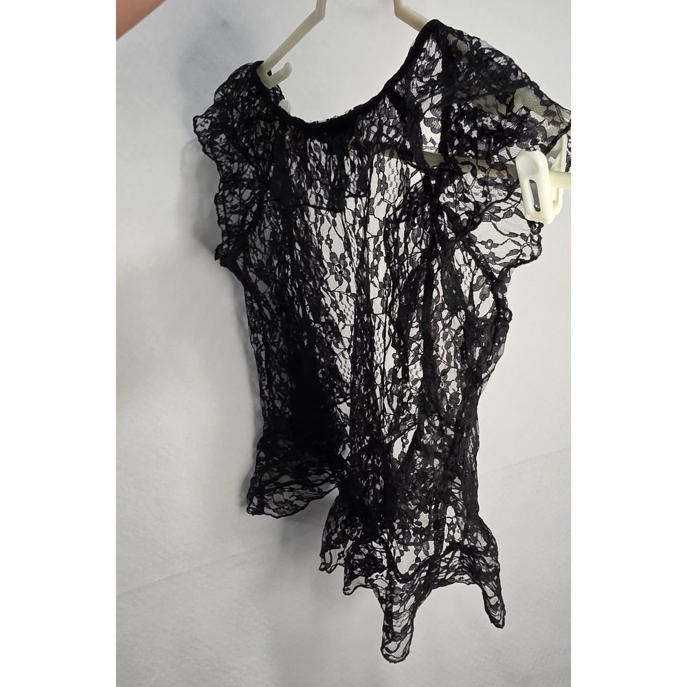 Paper Tee Black Floral Lace Ruffle Vest Sheer Open Front Cap Sleeve Medium - Picture 6 of 8